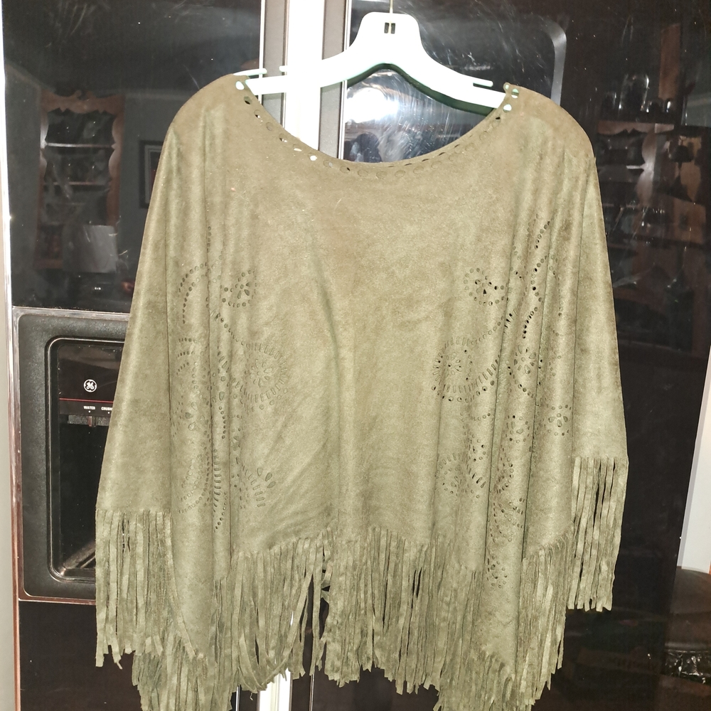 Source Unknown Khaki Fringe Poncho
